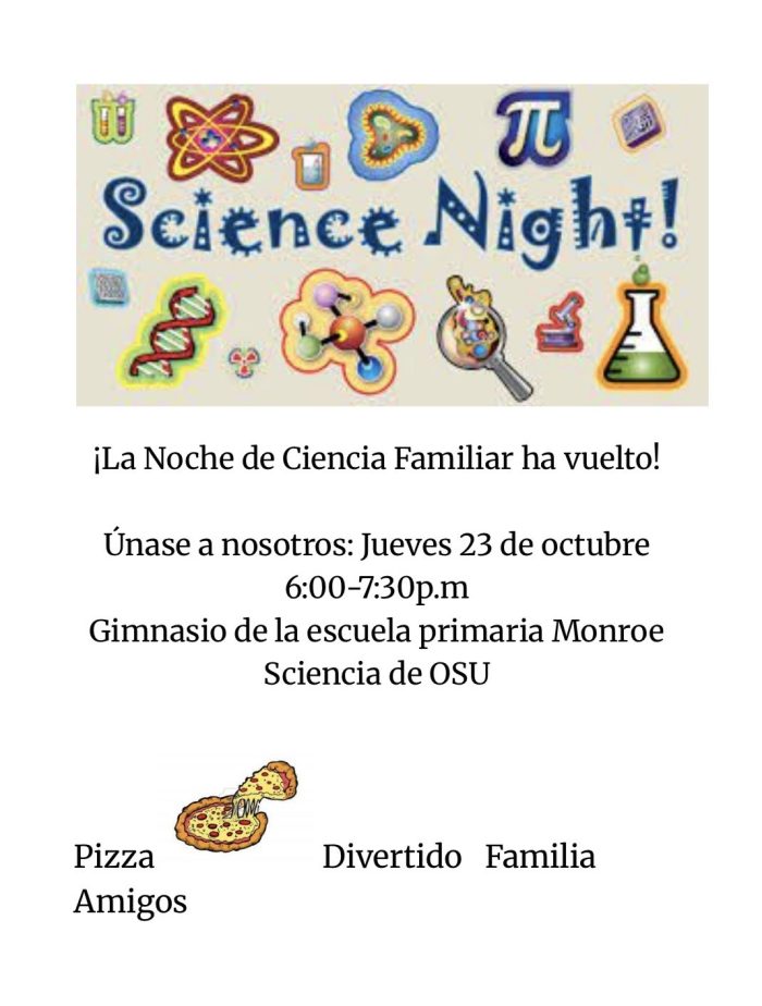 ¡La Noche de Ciencia Familiar ha vuelto! Únase a nosotros: Jueves 23 de octubre 6:00-7:30p.m Gimnasio de la escuela primaria Monroe