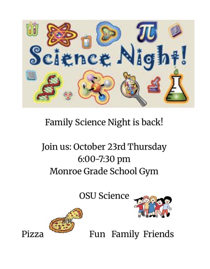 Family Science Night is back! Join us Thursday, October 23rd 6:00 - 7:30 p.m. Monroe Grade School Gym