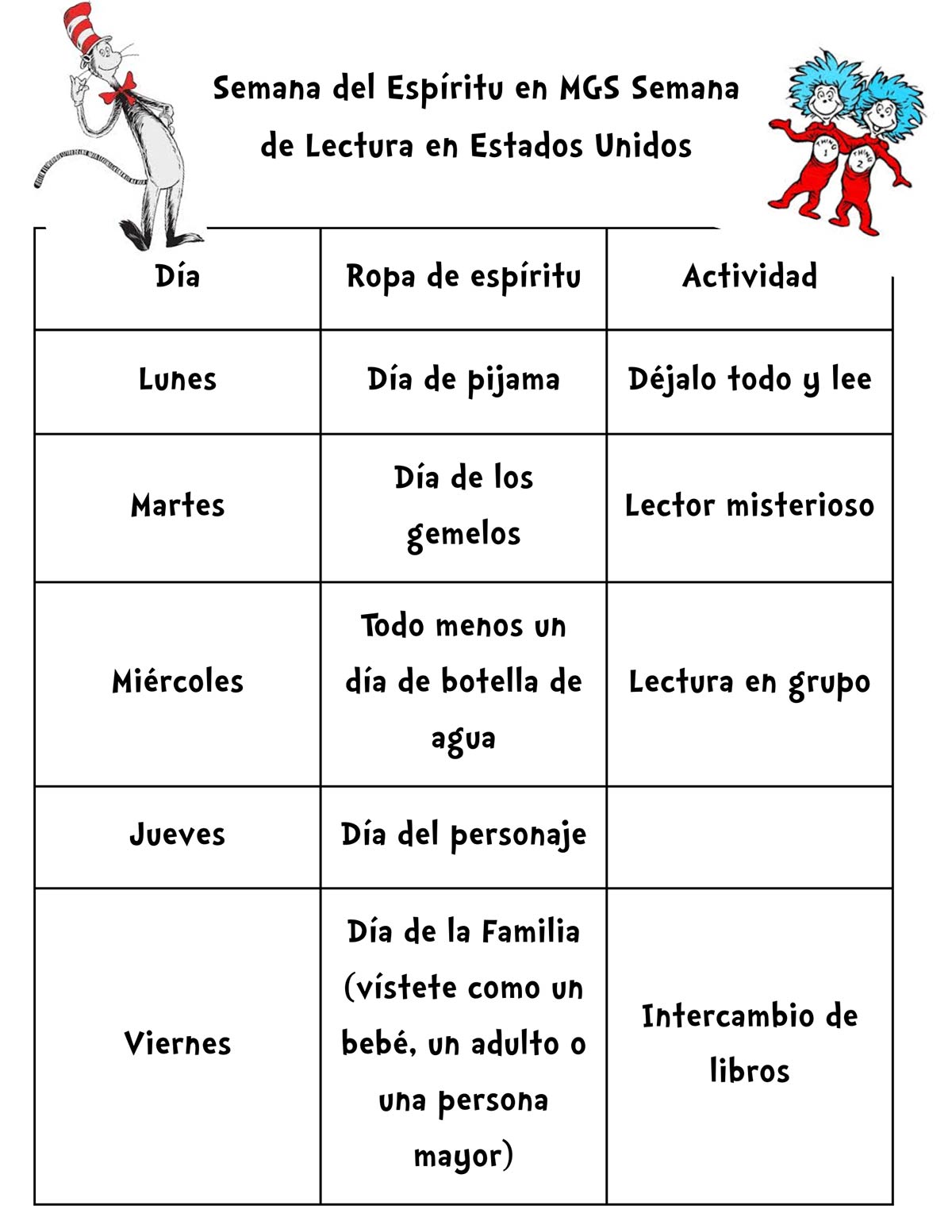 MGS Read Across America Week Schedule