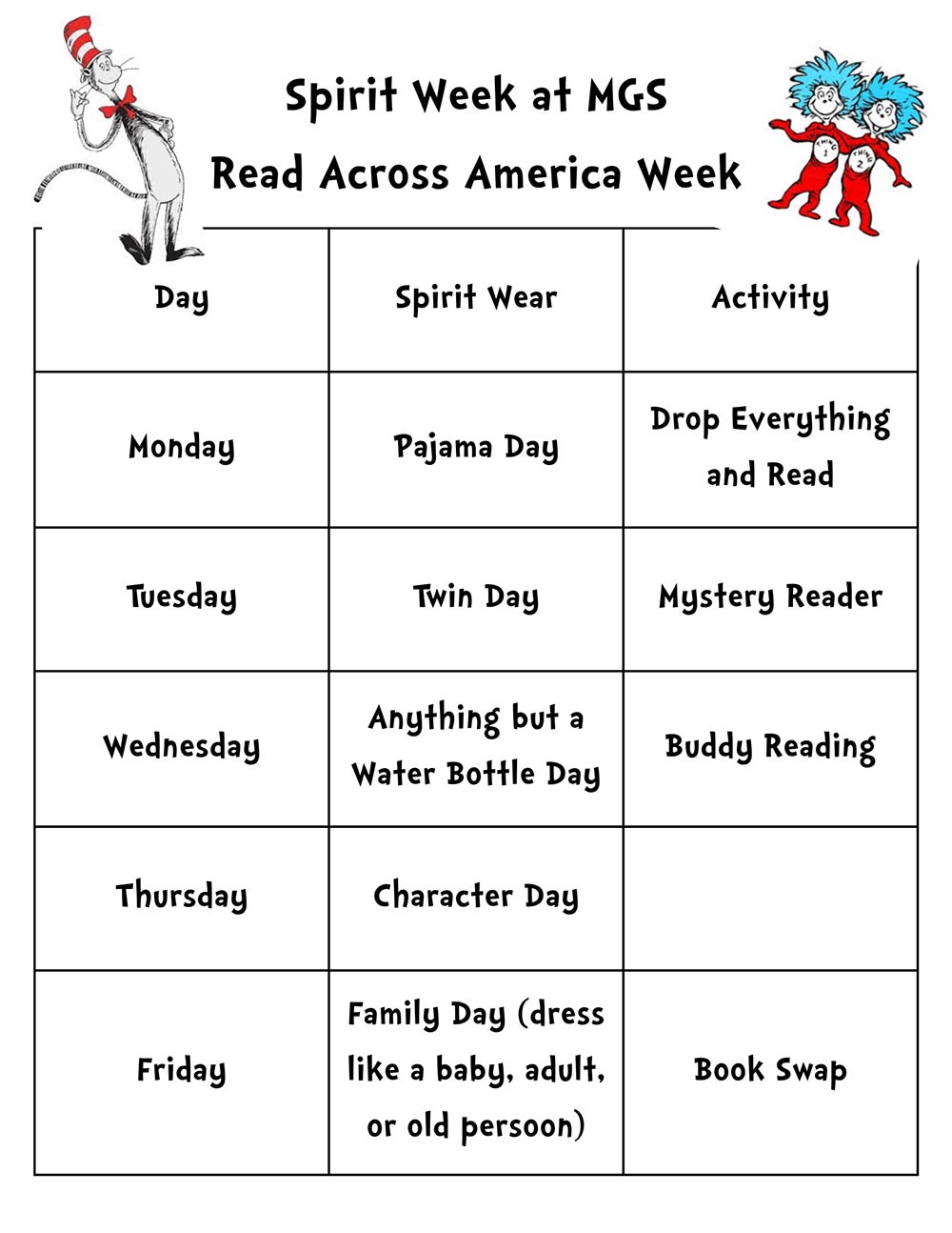 MGS Read Across America Week Schedule