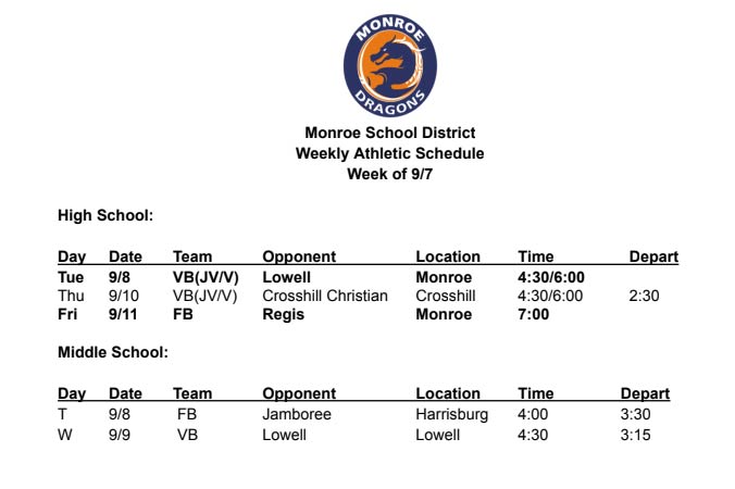 Athletic Schedule (Week of 9/7)